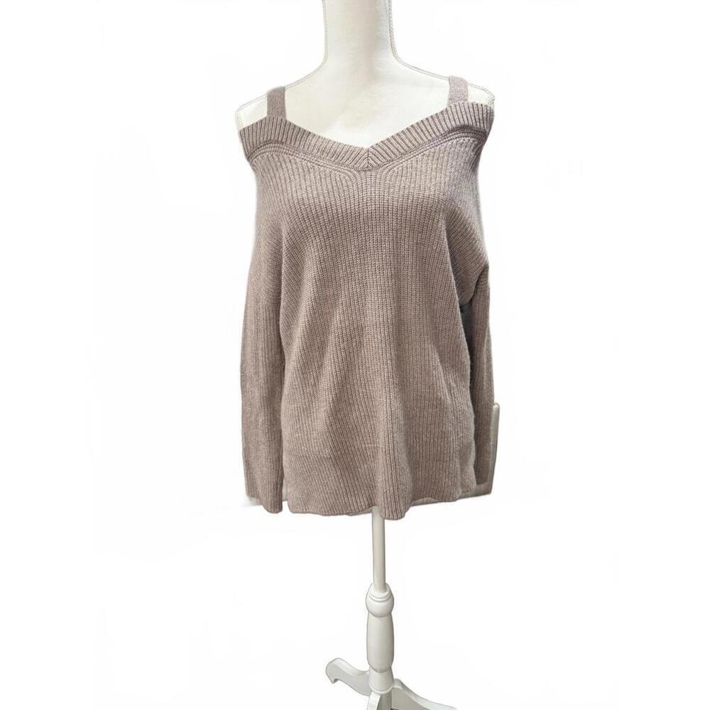 All Saints Dasha Sweater Beige Cold-Shoulder Ribbed Knit Sweater, XS (oversized)